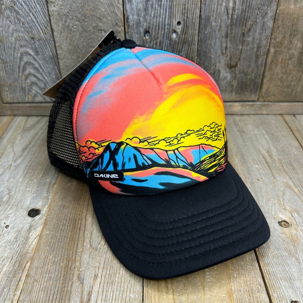 Dakine Trucker Hat Black Mountain Sunset Graphic Mesh Snapback Cap NWT